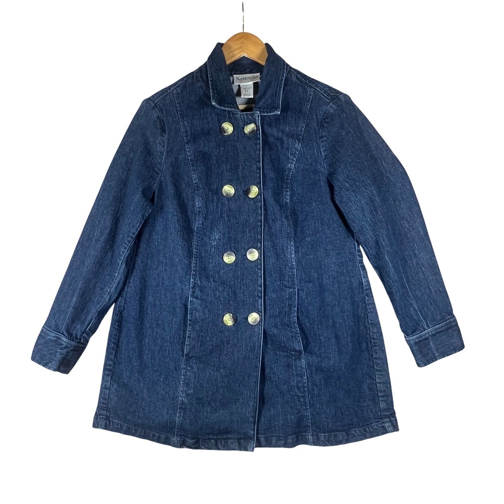 NorthStyle Womens Dark Wash Denim Double Breasted Chore Jacket Peacoat Size 12